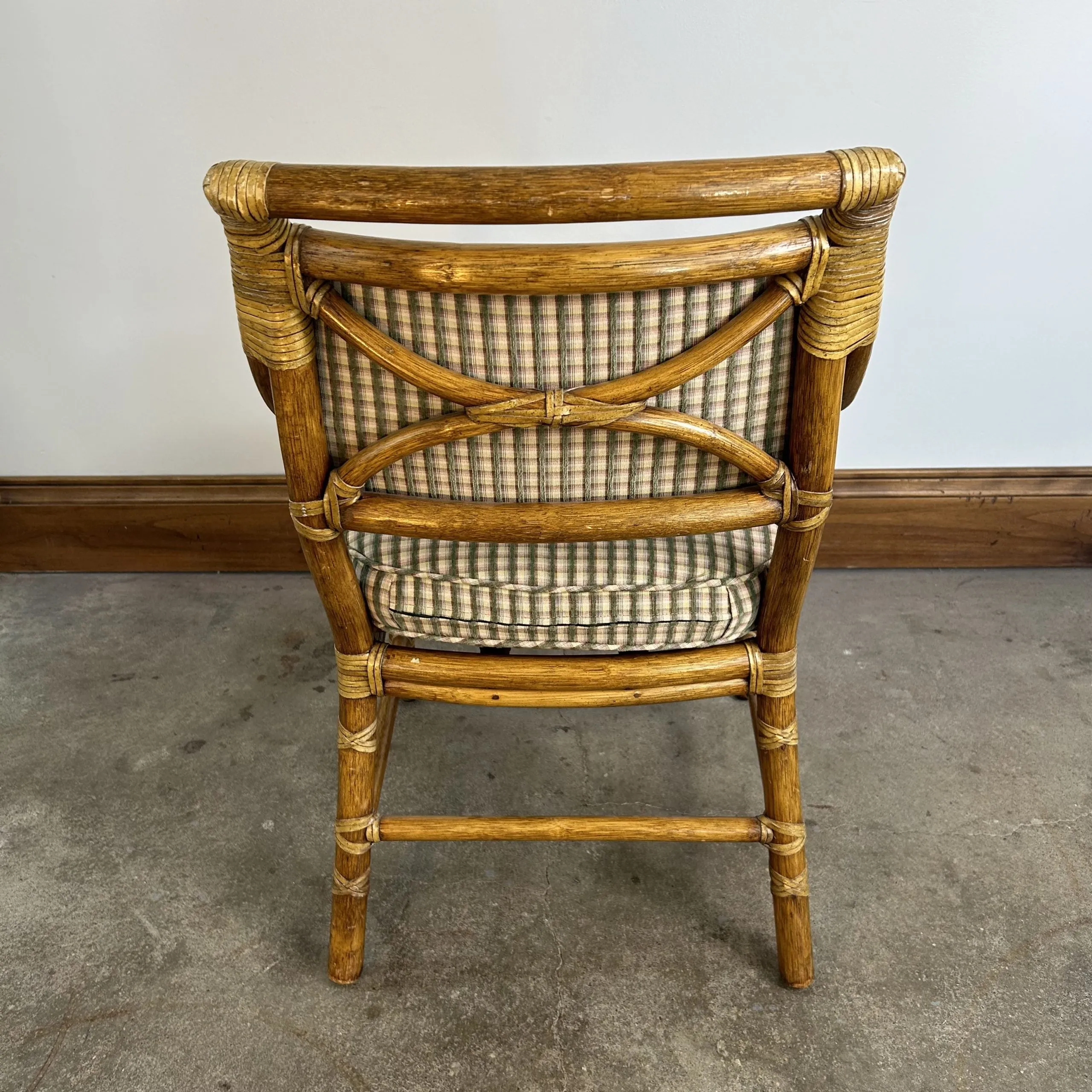 McGuire Wicker and Leather Wrapped Arm Chair, Plaid Upholstery