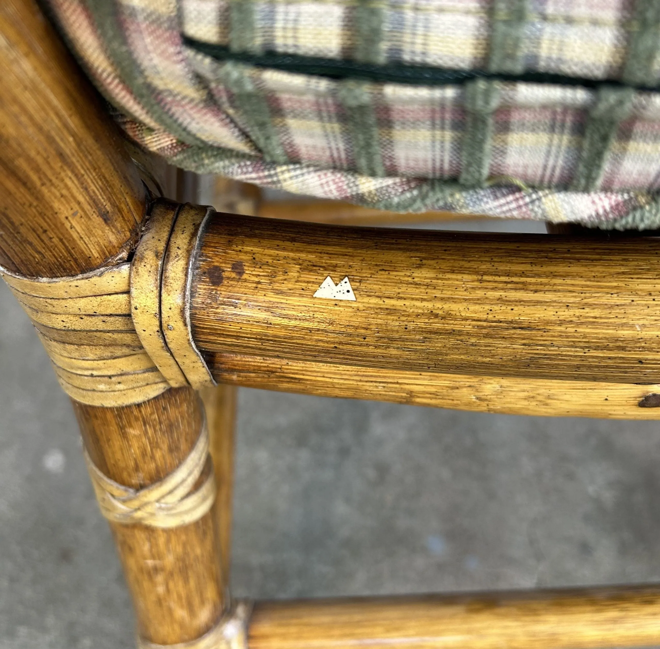 McGuire Wicker and Leather Wrapped Arm Chair, Plaid Upholstery