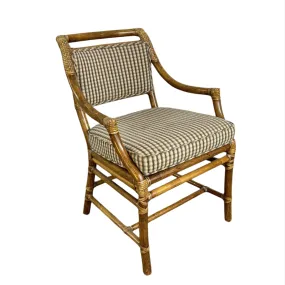 McGuire Wicker and Leather Wrapped Arm Chair, Plaid Upholstery McGuire Wicker and Leather Wrapped Arm Chair, Plaid Upholstery