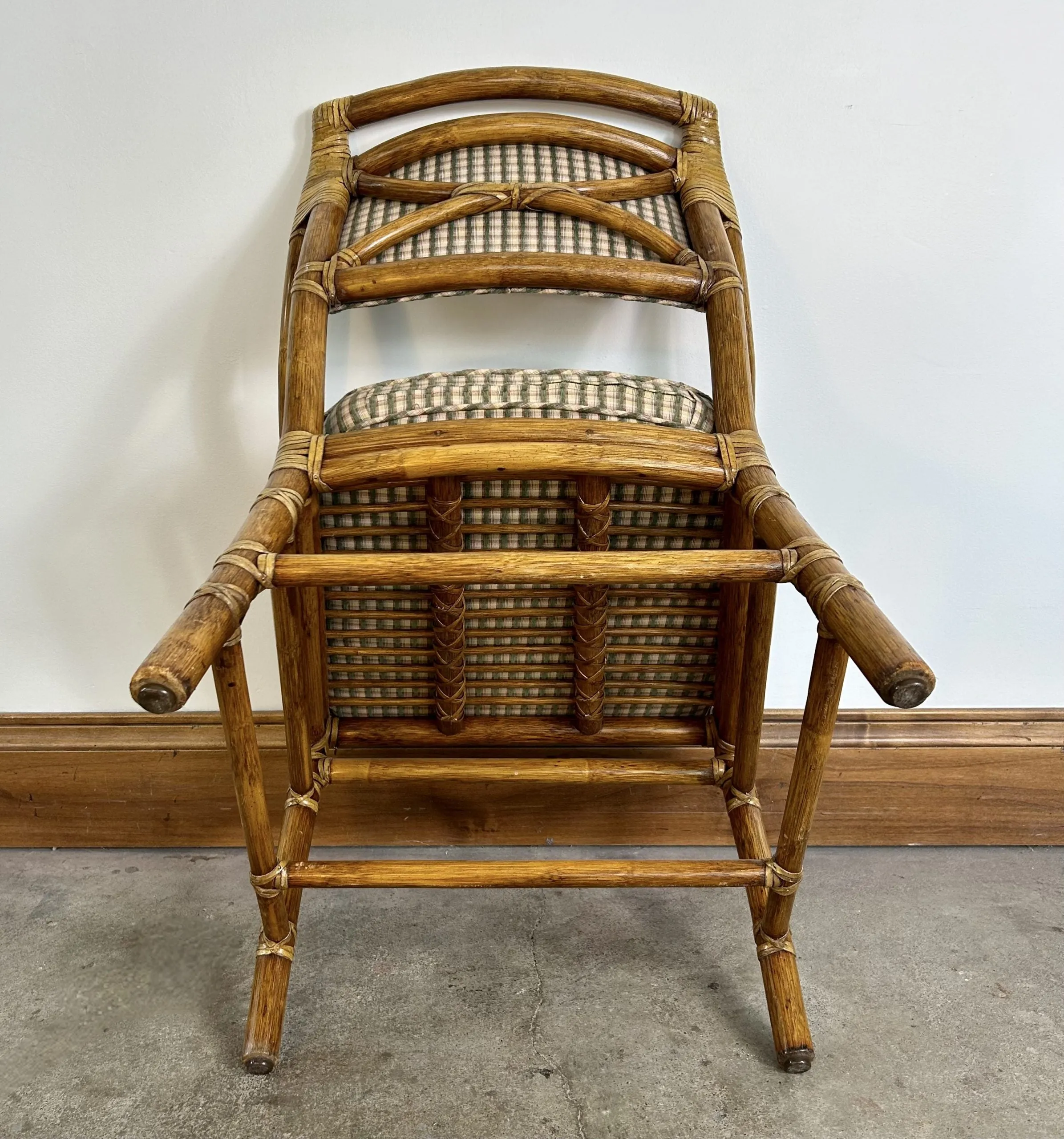 McGuire Wicker and Leather Wrapped Arm Chair, Plaid Upholstery