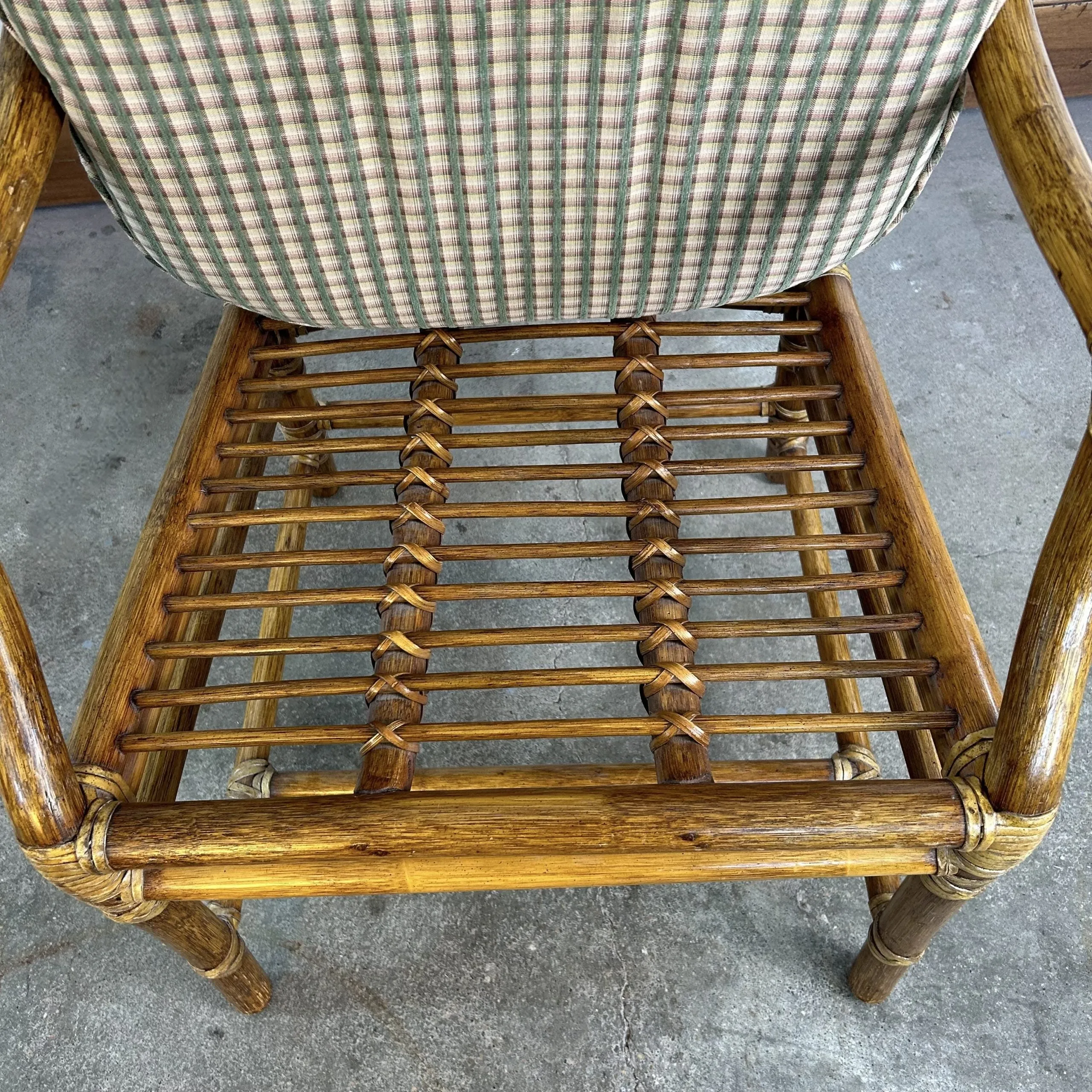 McGuire Wicker and Leather Wrapped Arm Chair, Plaid Upholstery