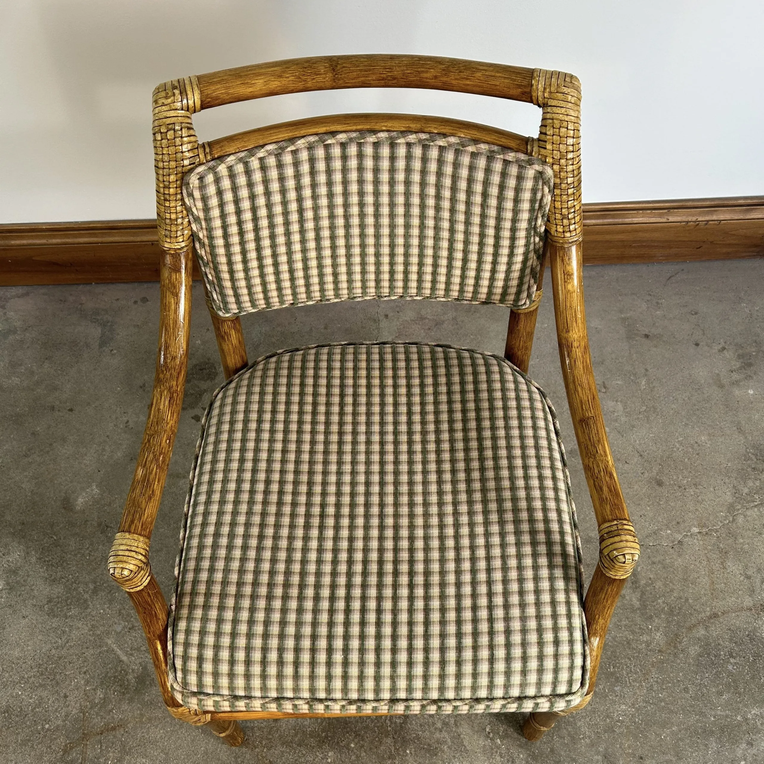 McGuire Wicker and Leather Wrapped Arm Chair, Plaid Upholstery