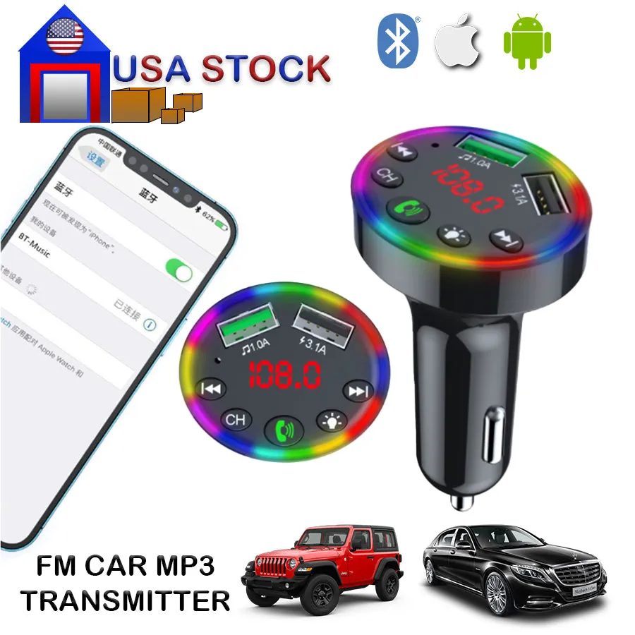 Multi Colored LED Radio MP3 Bluetooth Adapter Car Kit 1 Charger 2 Transmitter