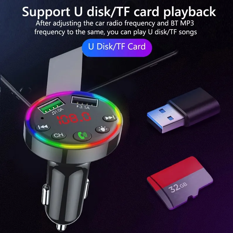 Multi Colored LED Radio MP3 Bluetooth Adapter Car Kit 1 Charger 2 Transmitter