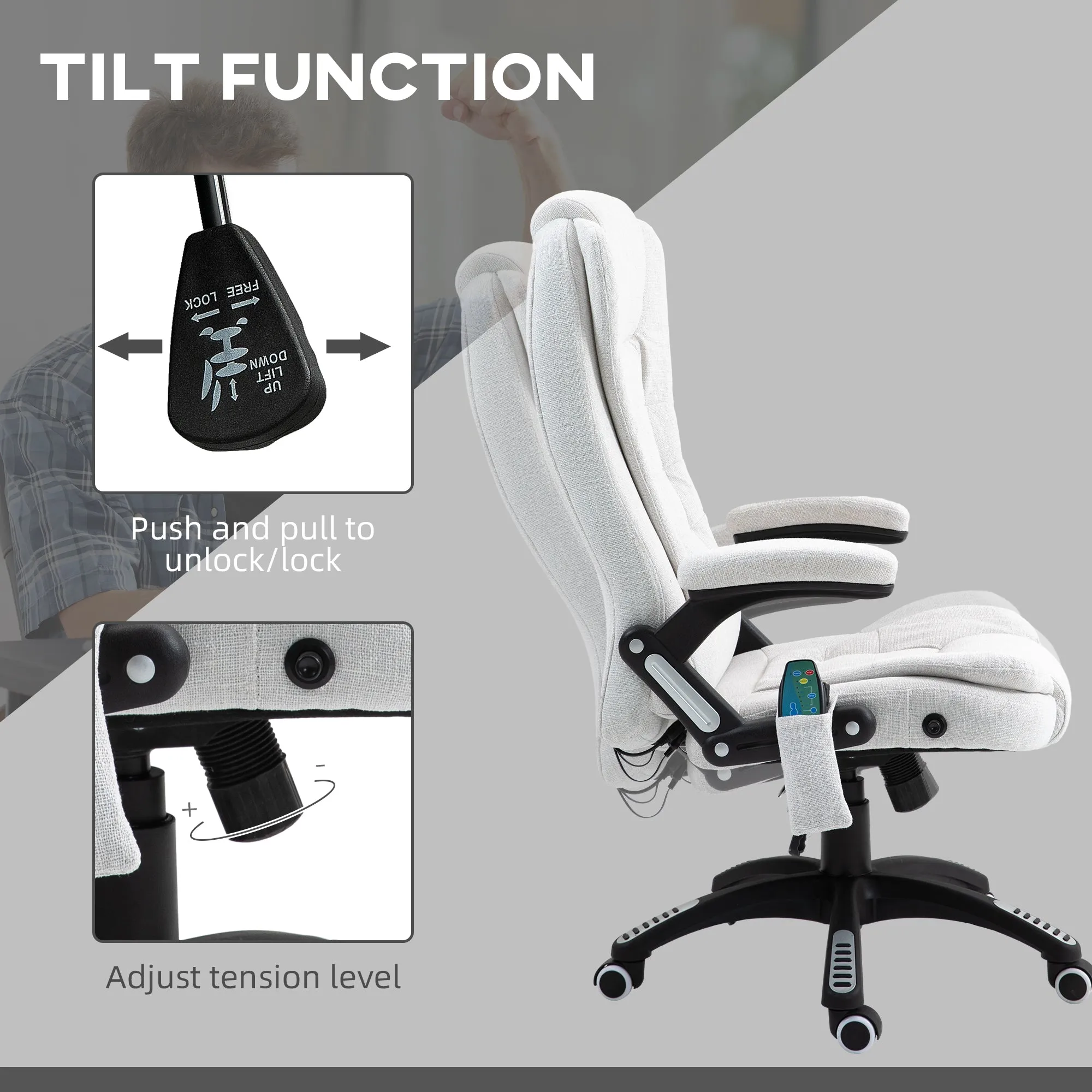 Office Chair w/ Heating Massage Points Relaxing Reclining Cream White