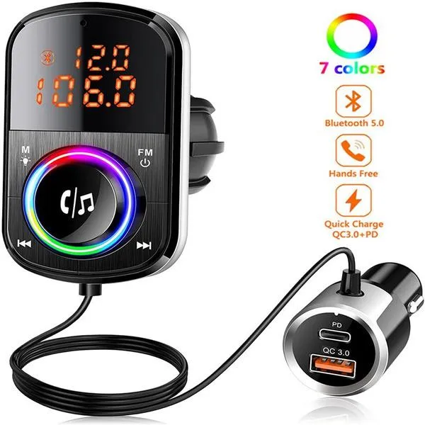 PD18W and QC3.0 Bluetooth 5.0 Car Radio Adapter Dual Fast Charging Port Wireless FM Audio Hands Free Car Kit Receiver