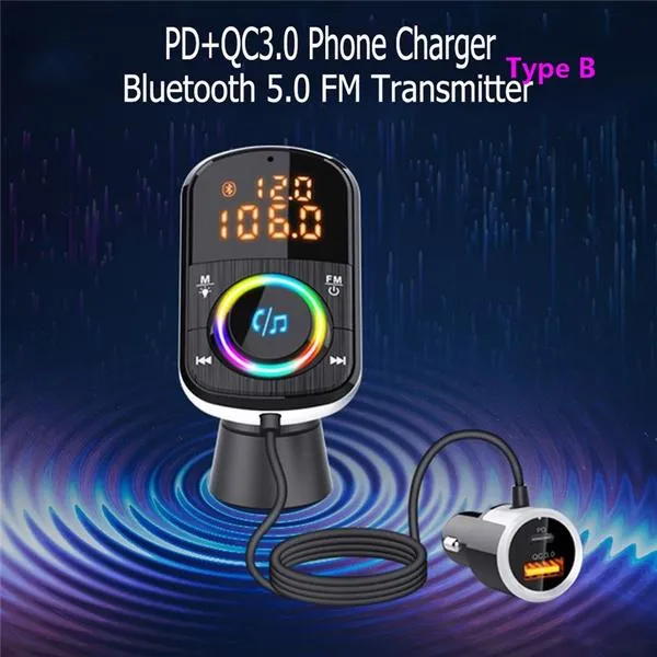 PD18W and QC3.0 Bluetooth 5.0 Car Radio Adapter Dual Fast Charging Port Wireless FM Audio Hands Free Car Kit Receiver