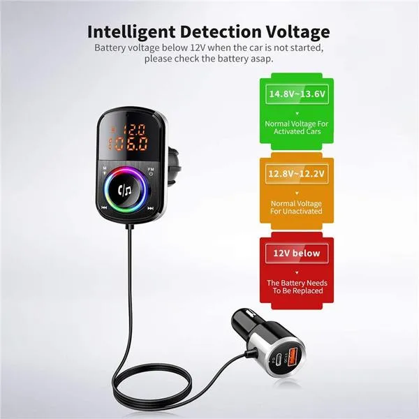 PD18W and QC3.0 Bluetooth 5.0 Car Radio Adapter Dual Fast Charging Port Wireless FM Audio Hands Free Car Kit Receiver