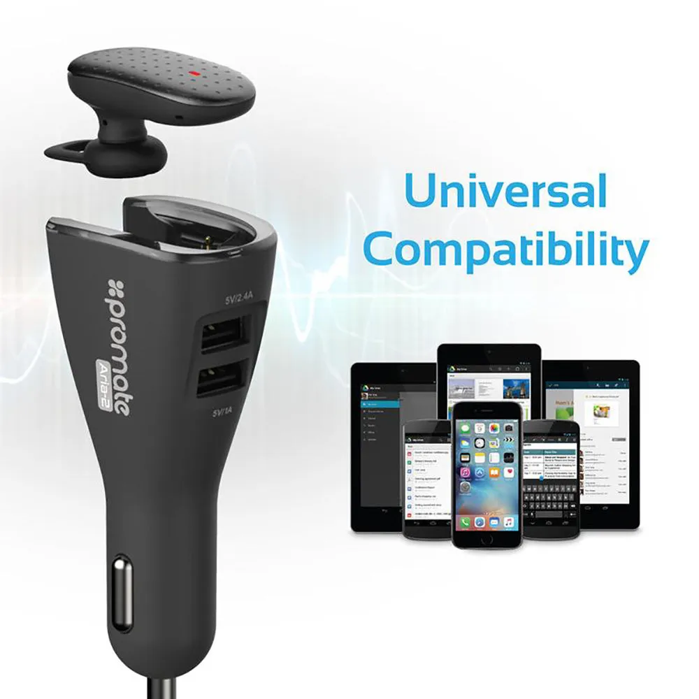 Promate Aria 2 Bluetooth Headset with USB 2A Car Charger
