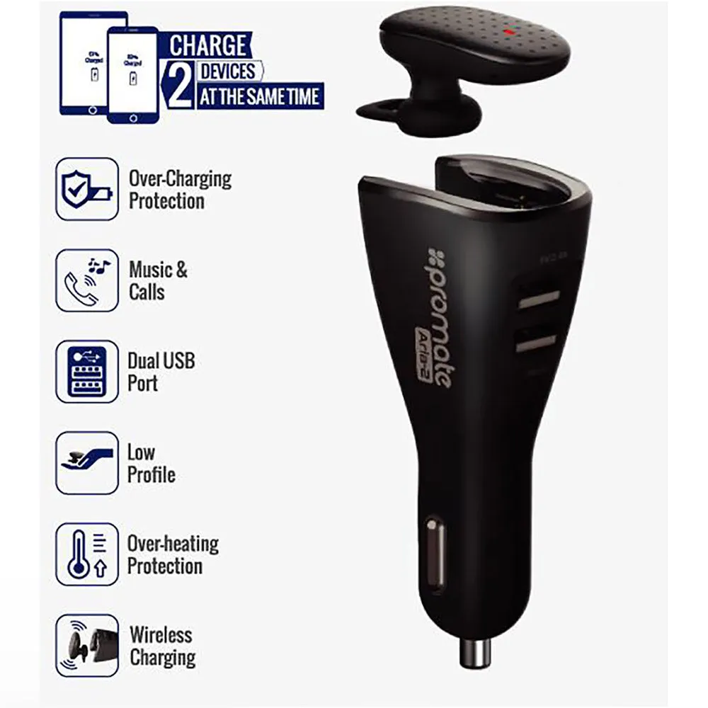 Promate Aria 2 Bluetooth Headset with USB 2A Car Charger