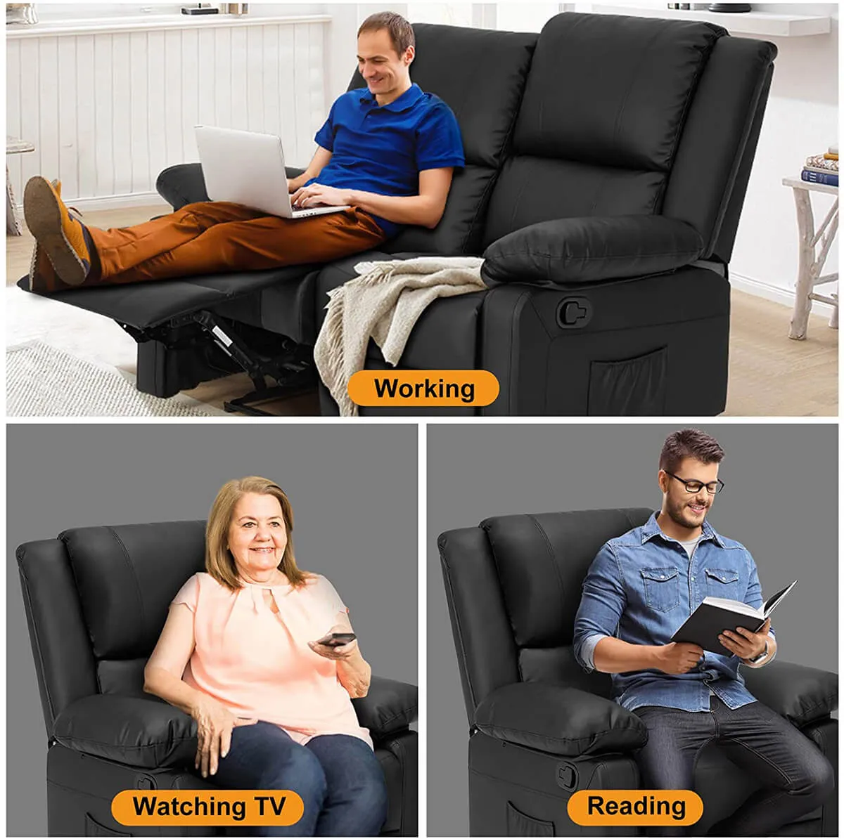 Recliner Chair with Massage Heated Function, Modern PU Leather Lounge Chair with Side Pocket, 2 Seat Sofa Living Room Chair, Black