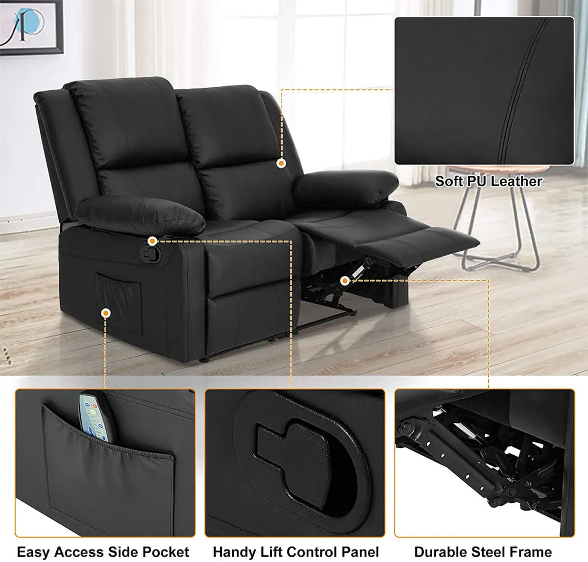Recliner Chair with Massage Heated Function, Modern PU Leather Lounge Chair with Side Pocket, 2 Seat Sofa Living Room Chair, Black