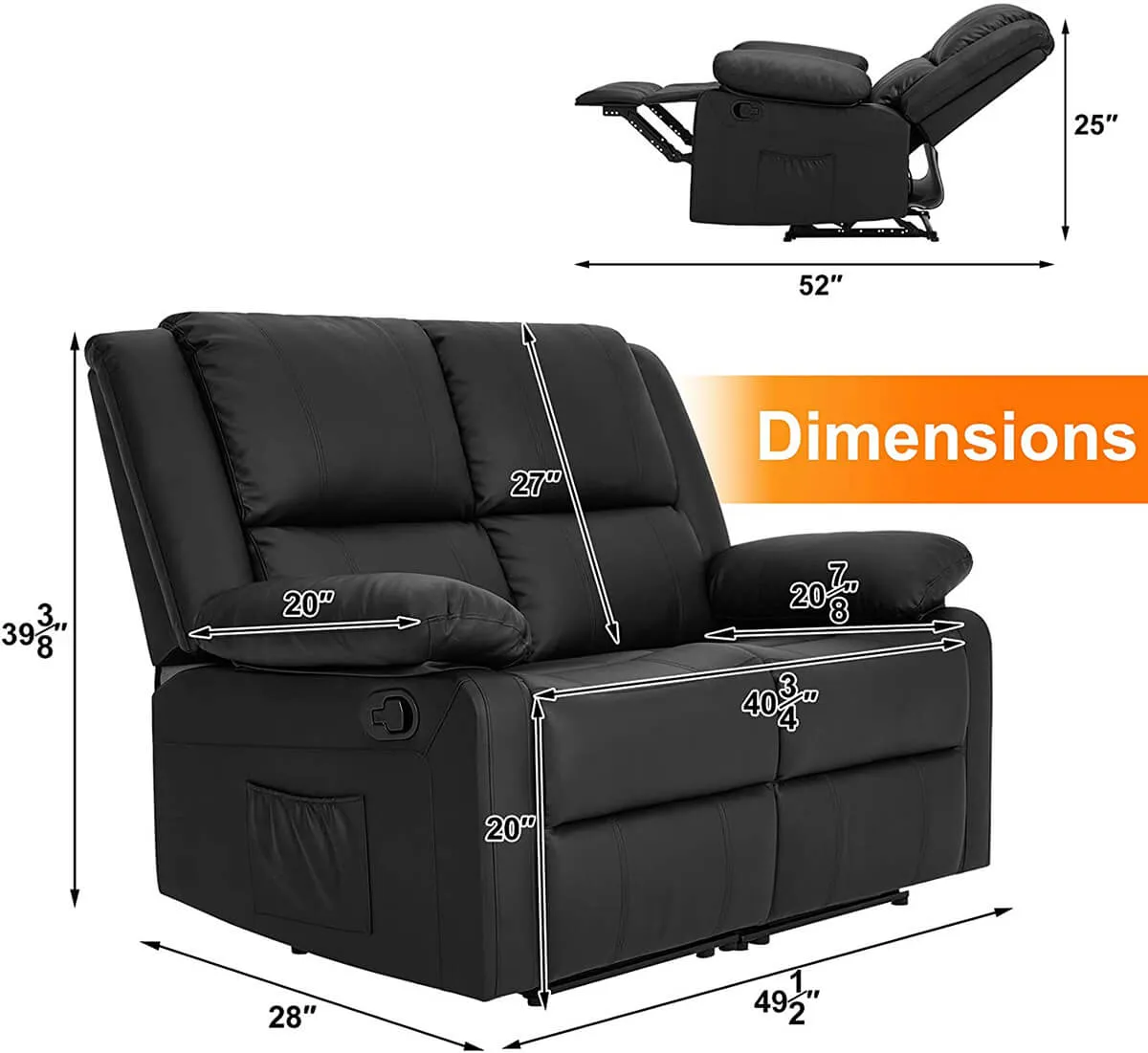 Recliner Chair with Massage Heated Function, Modern PU Leather Lounge Chair with Side Pocket, 2 Seat Sofa Living Room Chair, Black