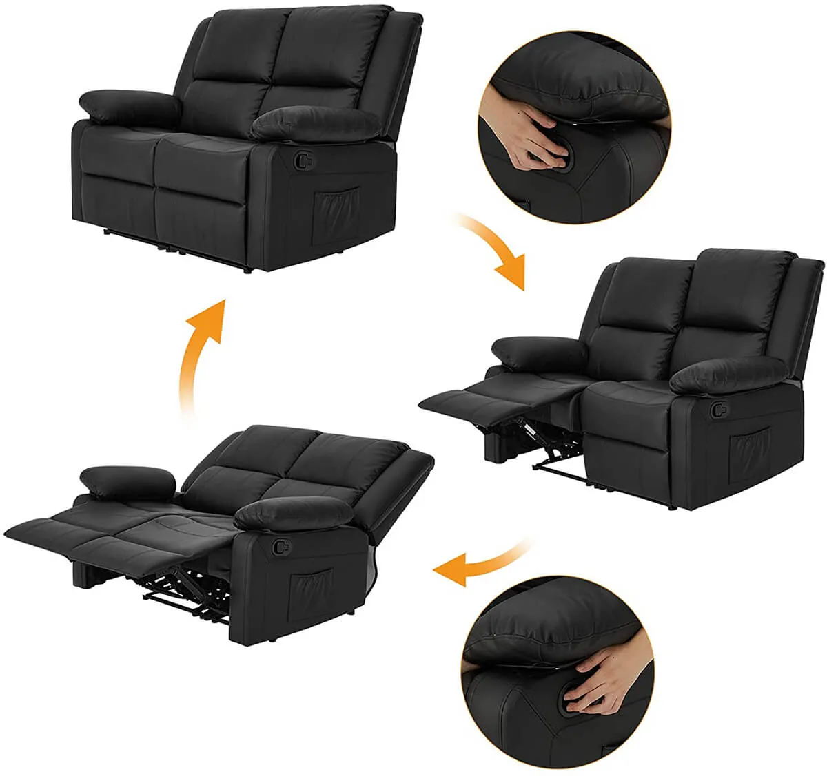Recliner Chair with Massage Heated Function, Modern PU Leather Lounge Chair with Side Pocket, 2 Seat Sofa Living Room Chair, Black