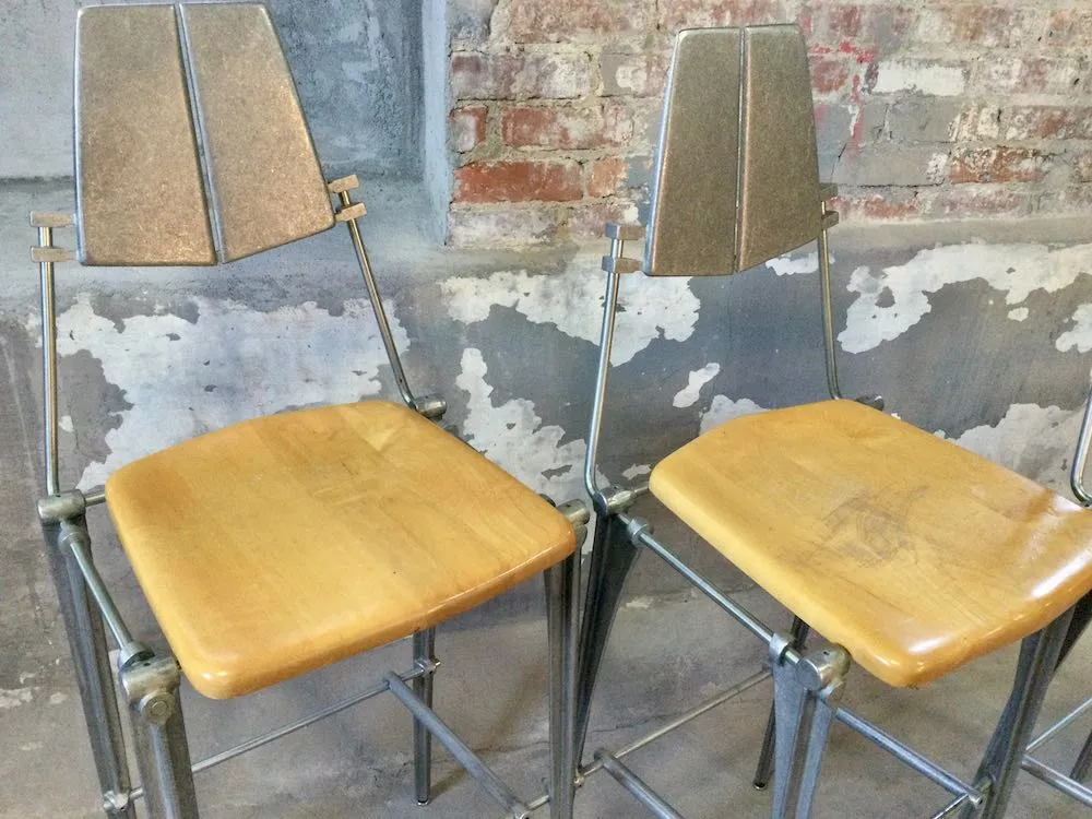 Robert Josten Bar Stool - Vintage Cast Aluminum Frame, Blonde Wood Seat, 4 Available, $950 Each
