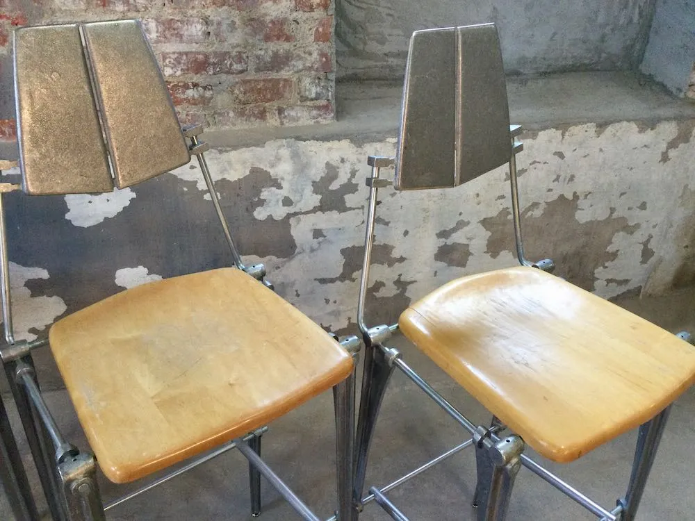 Robert Josten Bar Stool - Vintage Cast Aluminum Frame, Blonde Wood Seat, 4 Available, $950 Each