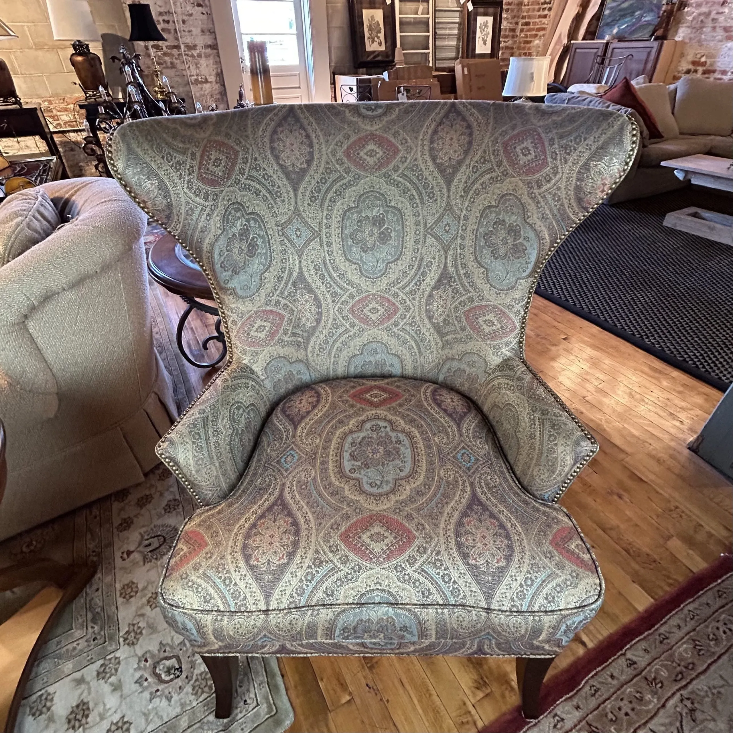 Sherrill Wingback Arm Chair, Golden Multicolor Brocade Upholstery