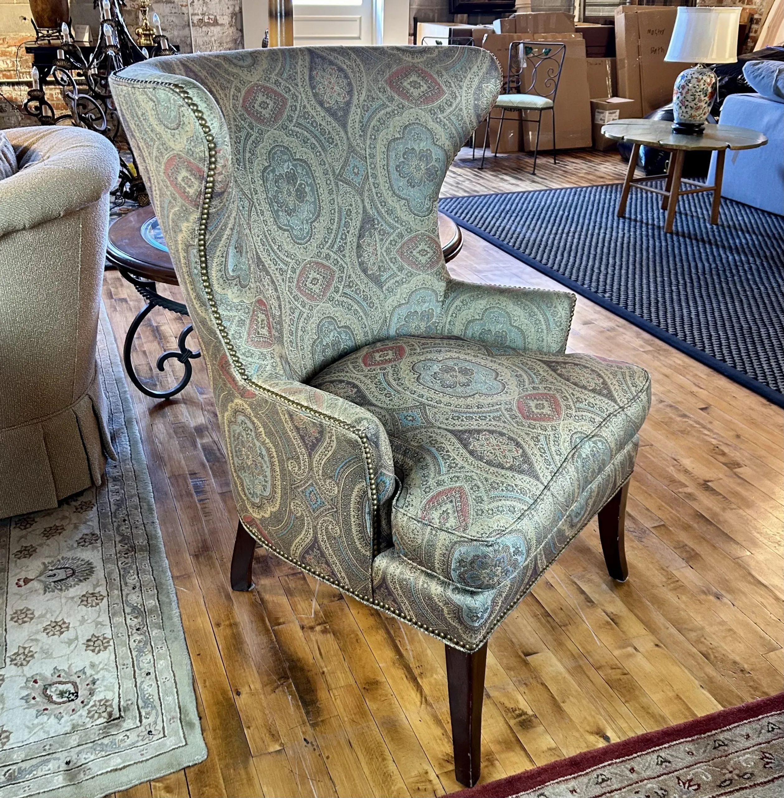Sherrill Wingback Arm Chair, Golden Multicolor Brocade Upholstery
