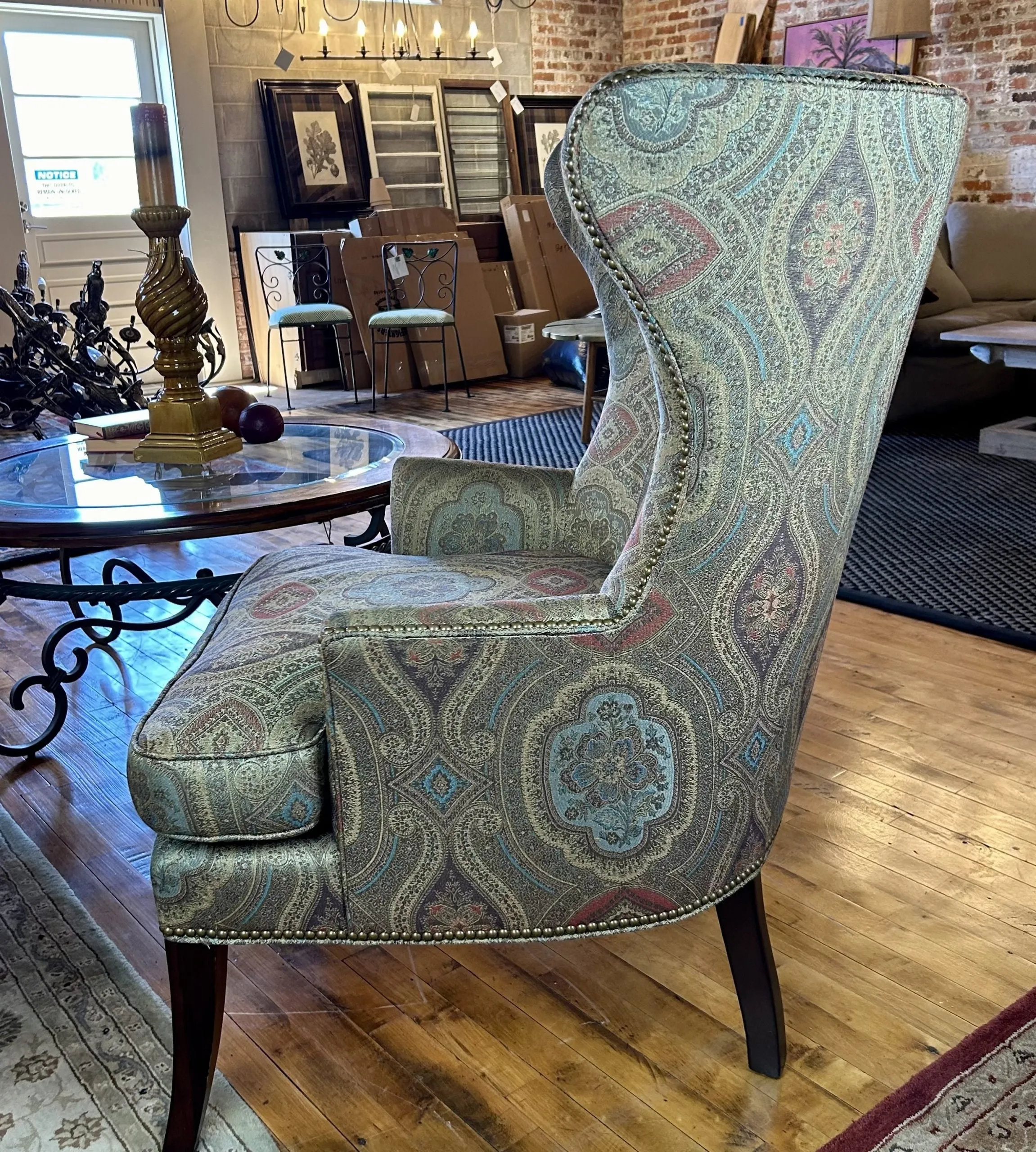 Sherrill Wingback Arm Chair, Golden Multicolor Brocade Upholstery