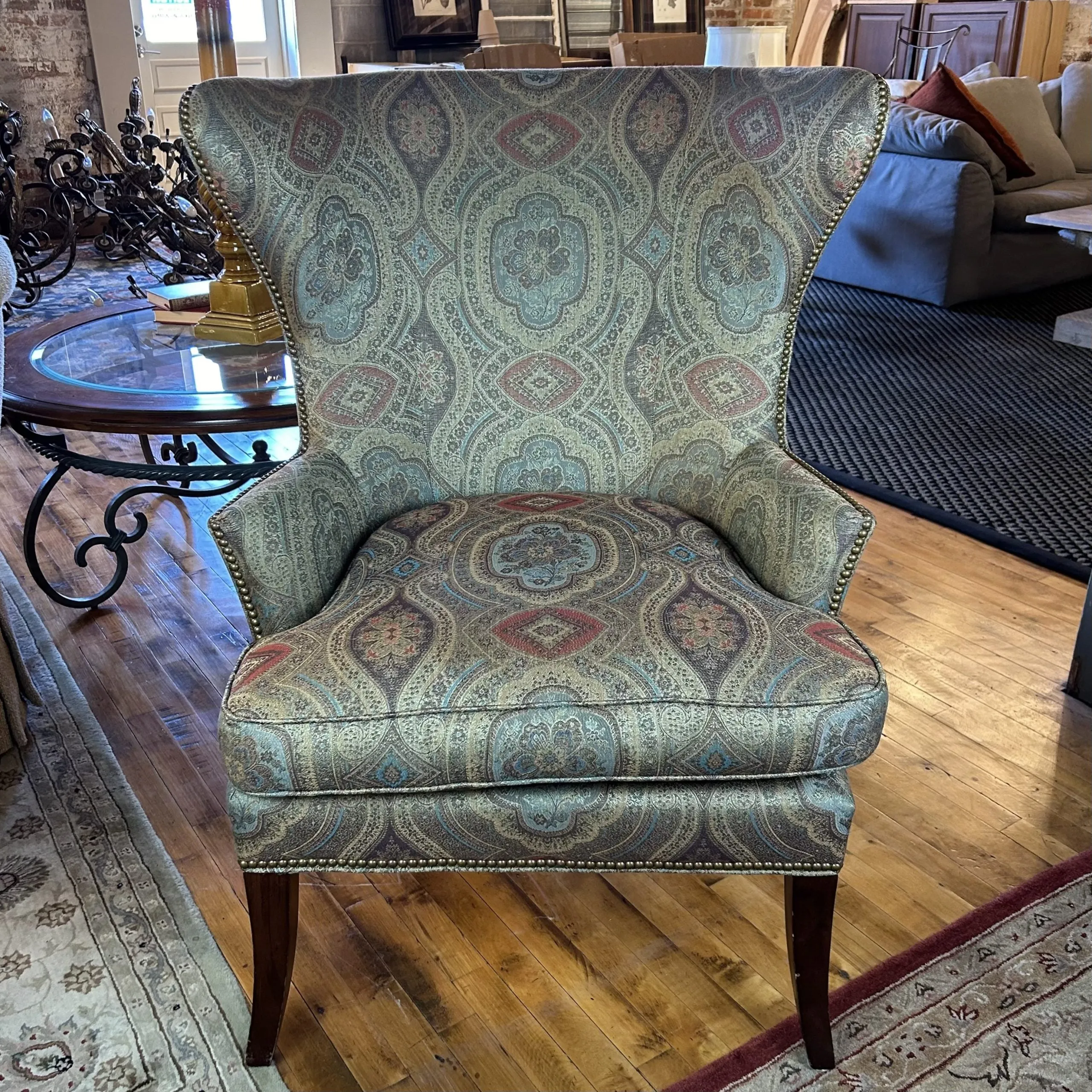 Sherrill Wingback Arm Chair, Golden Multicolor Brocade Upholstery