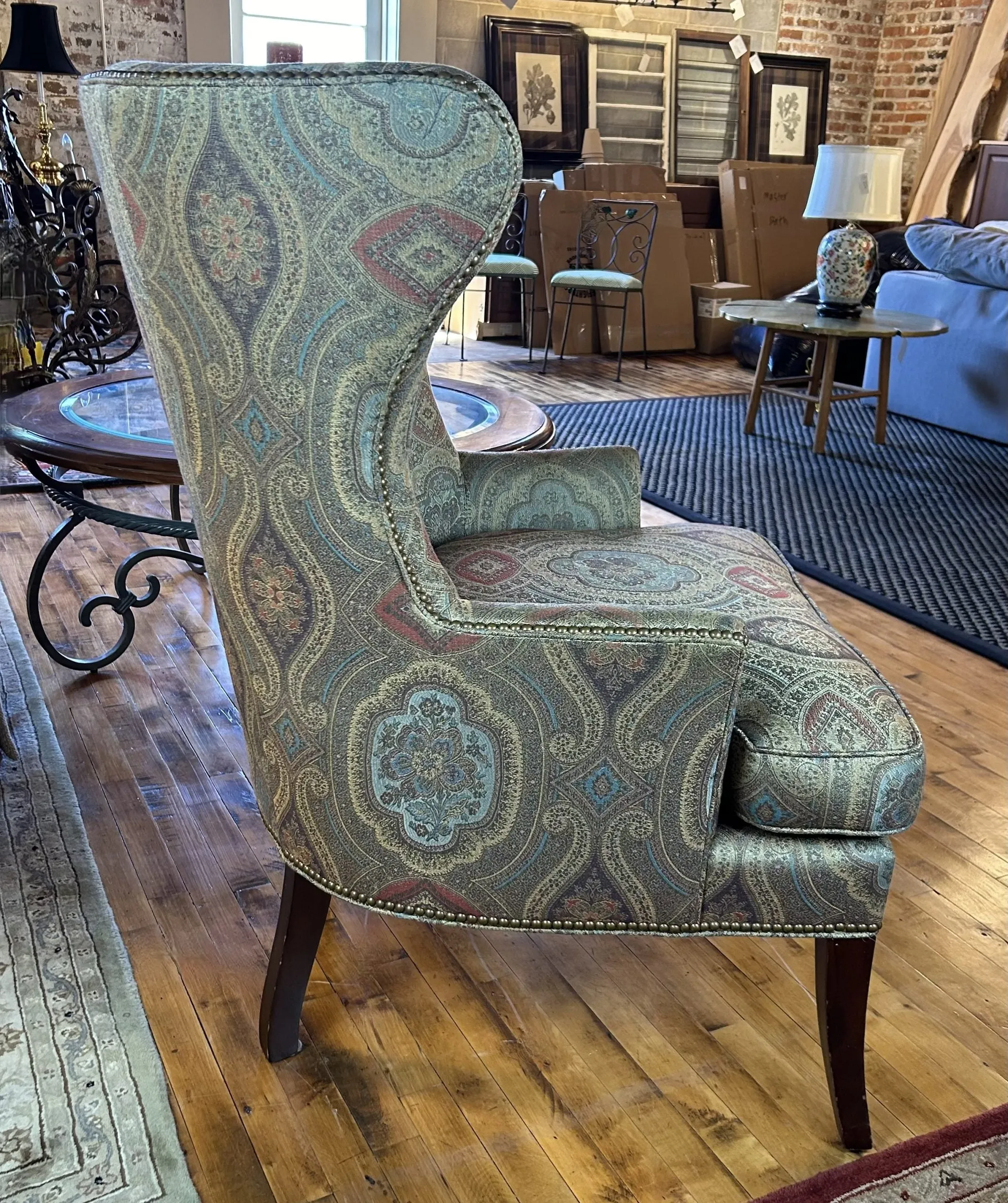 Sherrill Wingback Arm Chair, Golden Multicolor Brocade Upholstery
