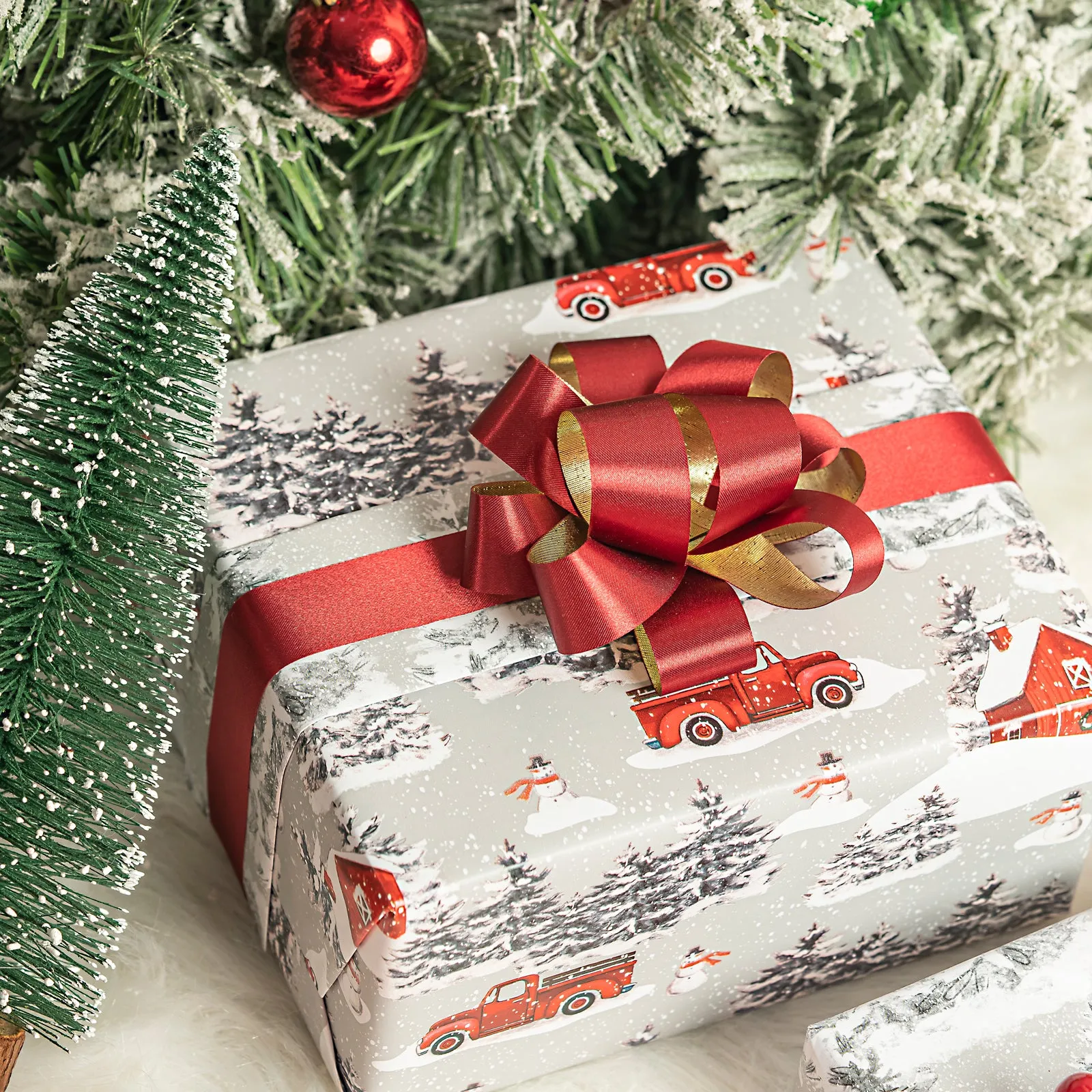 Snowscape Christmas Wrapping Paper Roll with Gray Christmas Tree on Reverse