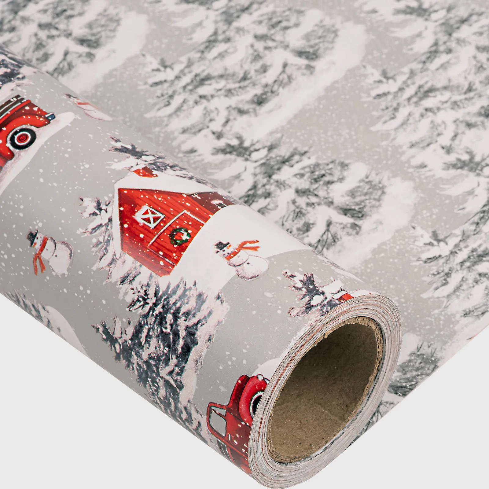 Snowscape Christmas Wrapping Paper Roll with Gray Christmas Tree on Reverse