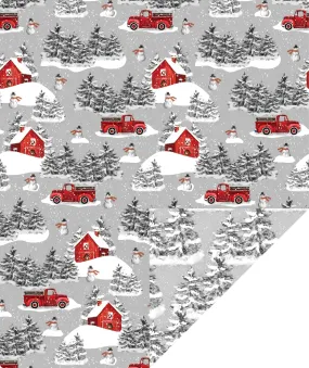 Snowscape Christmas Wrapping Paper Roll with Gray Christmas Tree on Reverse