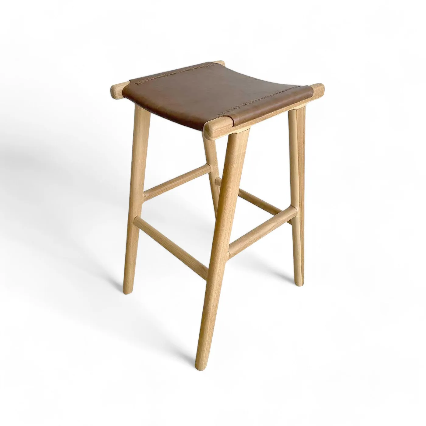 Tan Leather and Teak Scandi Bar Stool