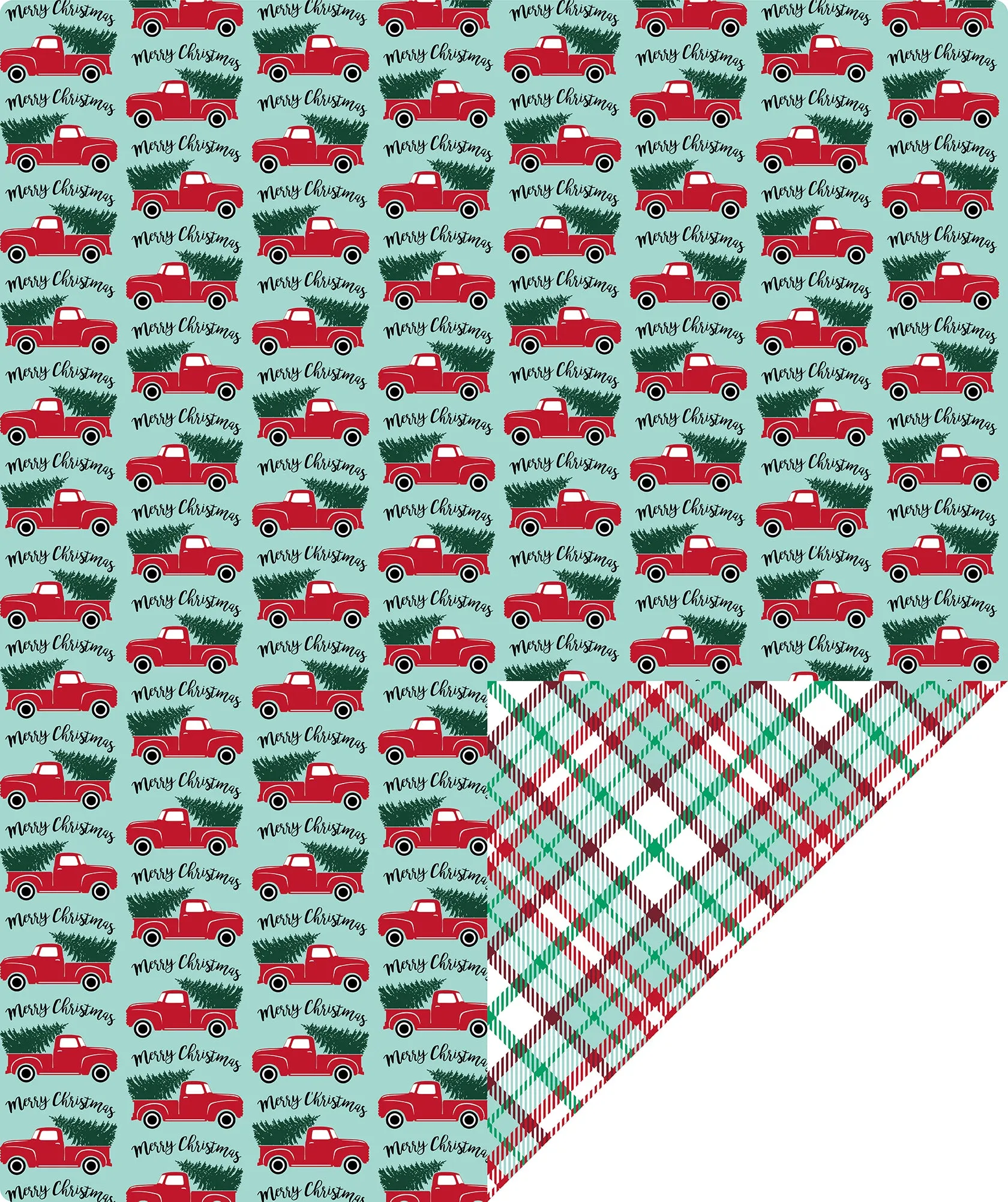 Tree Farm Car Christmas Wrapping Paper Roll with Red ＆ Green Buffalo Grid on Reverse