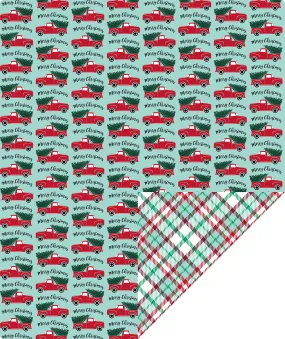 Tree Farm Car Christmas Wrapping Paper Roll with Red ＆ Green Buffalo Grid on Reverse