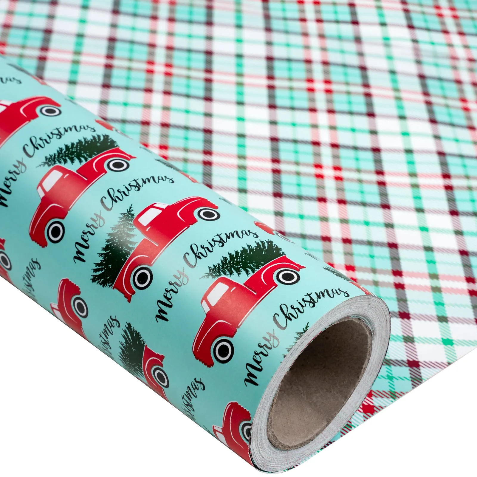 Tree Farm Car Christmas Wrapping Paper Roll with Red ＆ Green Buffalo Grid on Reverse