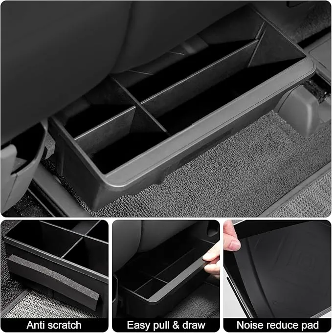 Under Seat Storage Tray for Rivian R1S 2025 Accessories, Rear Row Organier with Partitions and Anti Scratch Noise Reduce Silicone Pad for Rivian R1S Accessories 2024 2023 2022 (2nd Row Seat)